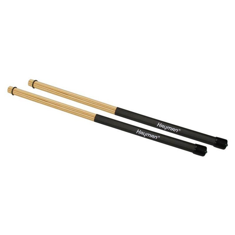 Hayman RS-12-BSCR drumrods, bamboe, zwart handvat, 12 staven, sterke kern, lengte 400 mm, diameter bol 15 mm.