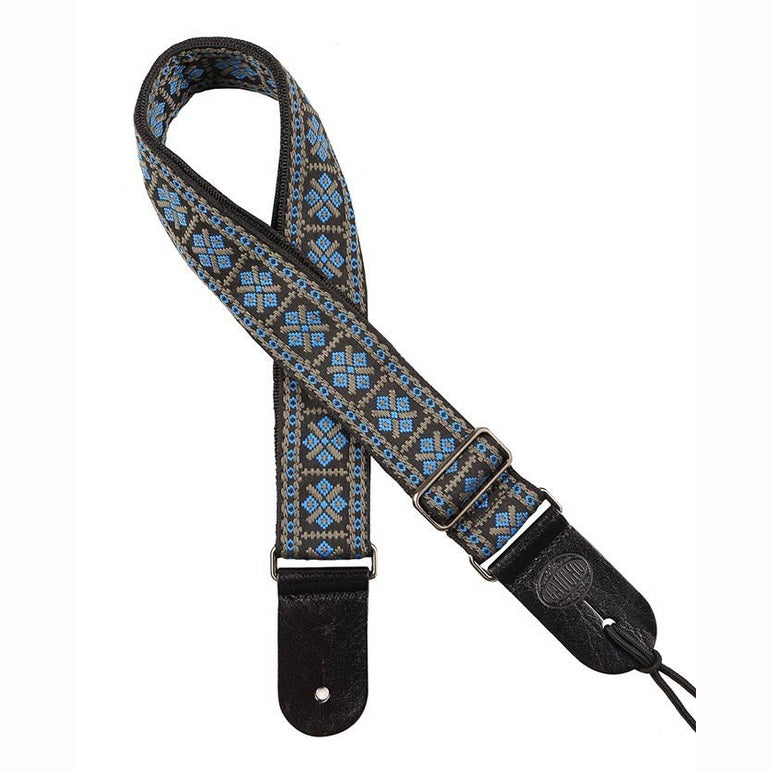 Gaucho GST-181-BG guitar strap, 2” jacquard weave, leather slips, blue and grey
