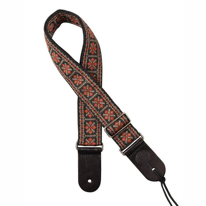 Gaucho GST-181-RG guitar strap, 2” jacquard weave, leather slips, red and grey