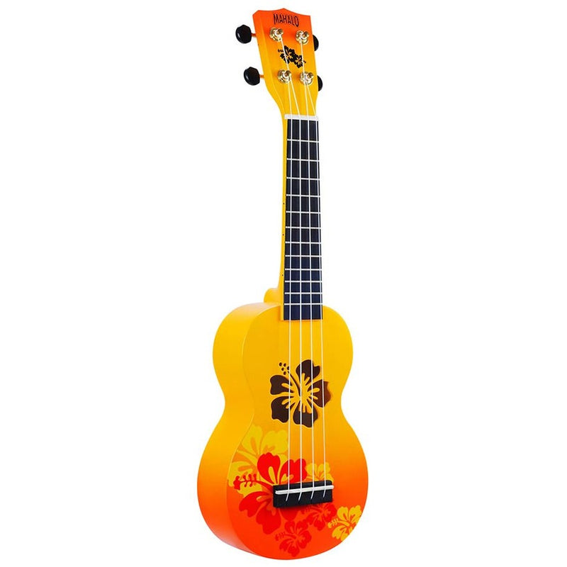 Mahalo MD1HBORB soprano ukulele hibiscus, orange burst, with bag