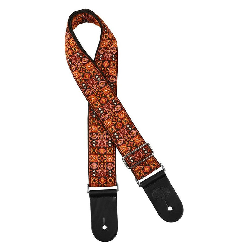 Gaucho GST-186-OR guitar strap, 2” jacquard weave, leather slips, orange mosaic