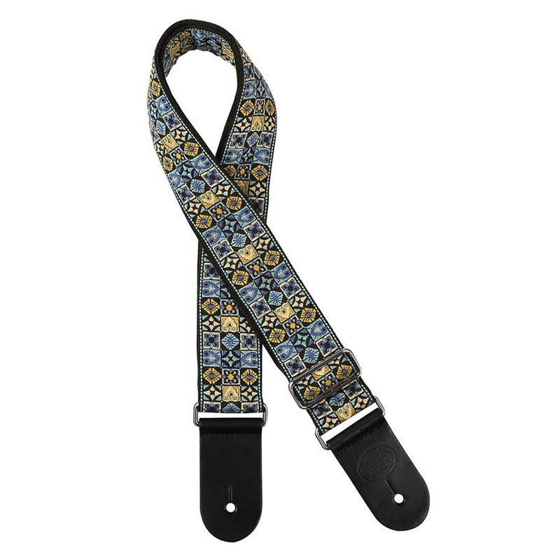 Gaucho GST-186-BU guitar strap, 2” jacquard weave, leather slips, blue mosaic