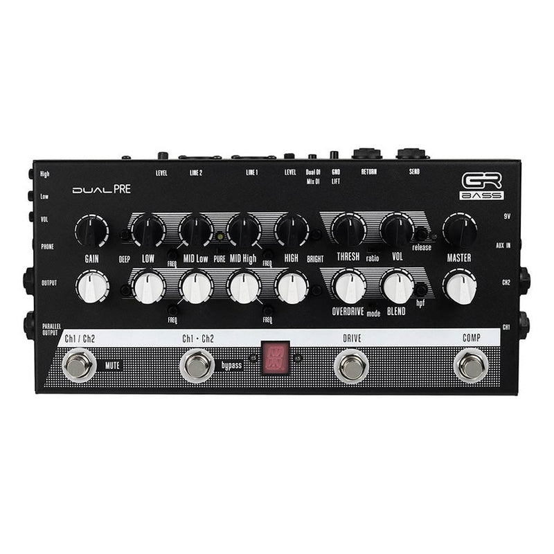 GR Bass DUALPRE dual channel preamp pedal, 4-band EQ, drive, comp, tuner, DI, headphones, parallel outs, no PSU inc