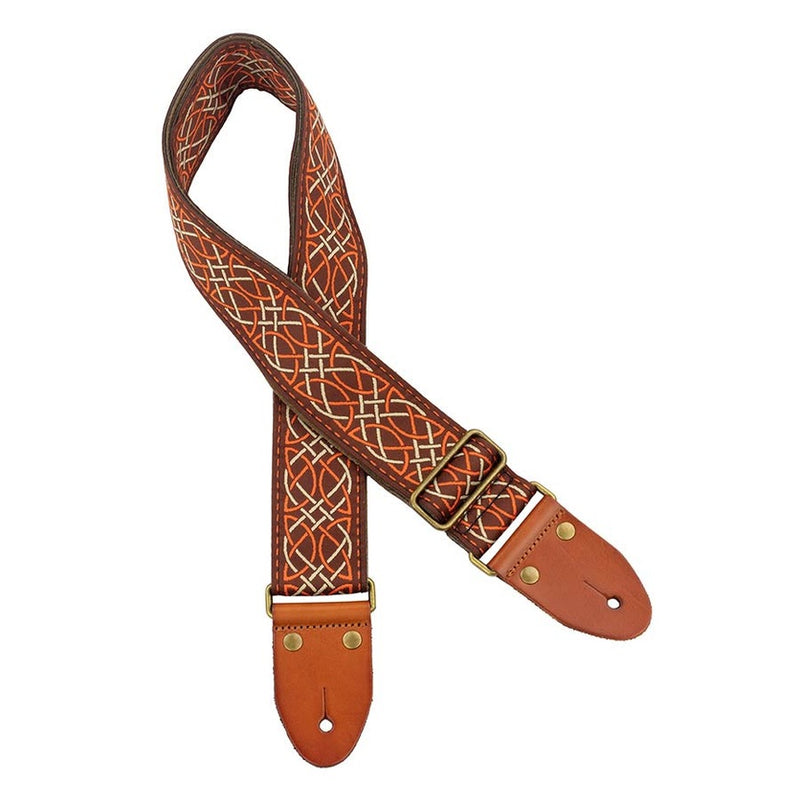 Gaucho GST-1280-1 gitaarriem, 2" jacquard geweven, lederen slips, messing gesp, bruin/oranje