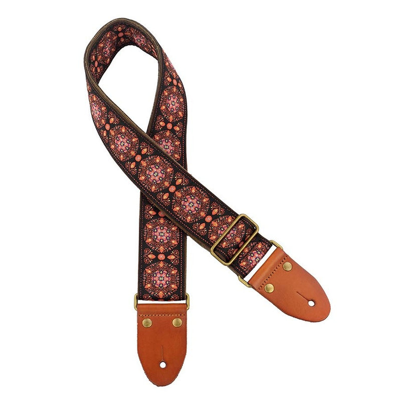 Gaucho GST-1280-5 gitaarriem, 2" jacquard geweven, lederen slips, messing gesp, blauw/roze
