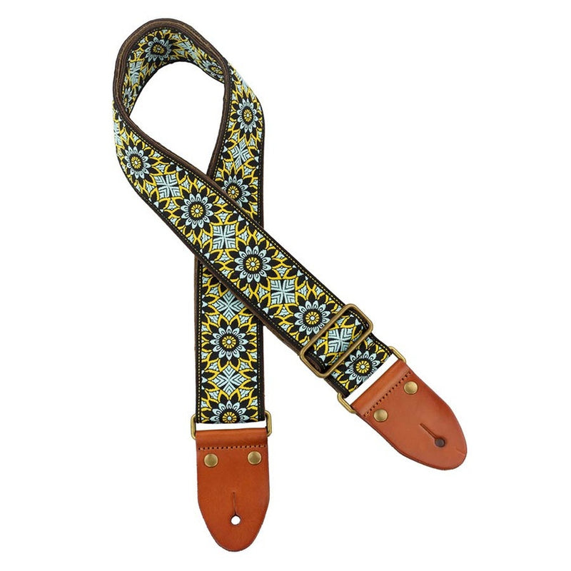 Gaucho GST-1280-7 gitaarriem, 2" jacquard geweven, lederen slips, messing gesp, zwart/blauw/groen