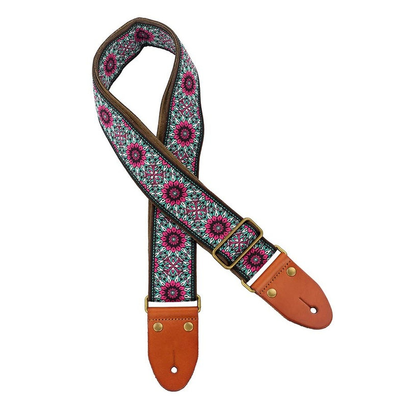 Gaucho GST-1280-8 gitaarriem, 2" jacquard geweven, lederen slips, messing gesp, zwart/blauw/roze