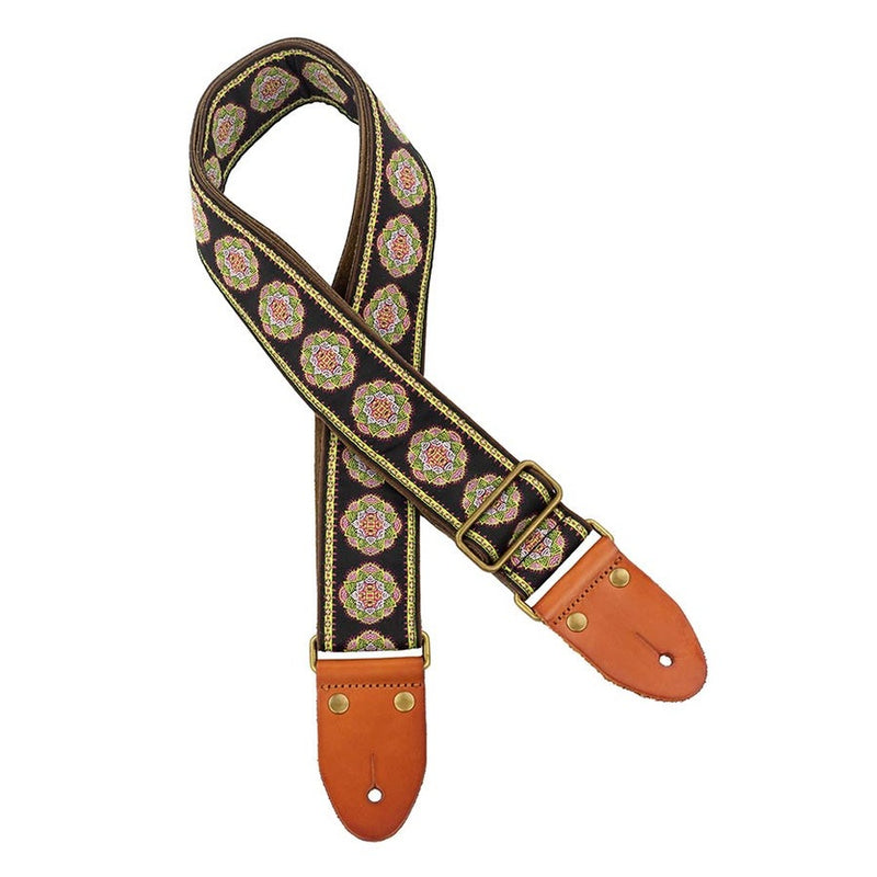 Gaucho GST-1280-9 gitaarriem, 2" jacquard geweven, lederen slips, messing gesp, zwart/groen