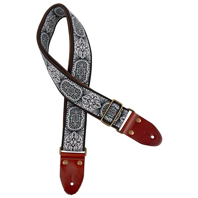 Gaucho GST-1281-3 guitar strap, 2" jacquard weave, leather slips with pins, brass buckle, suede backing, white/blue
