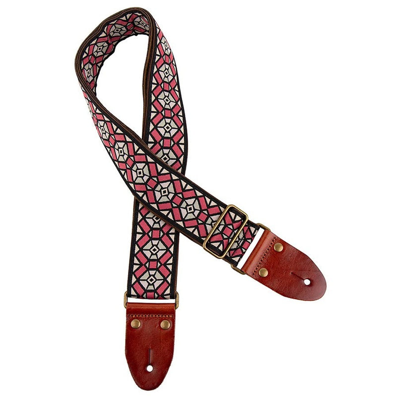 Gaucho GST-1282-3 guitar strap, 2" jacquard weave, leather slips with pins, brass buckle, suede backing, pink/gray