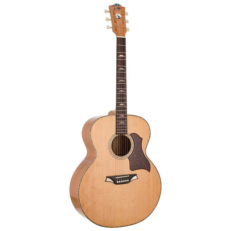 Bromo BAN7E jumbo guitar, solid spruce top, maple body, Fishman Sonitone, glossy, heavy duty gigbag, wood stand