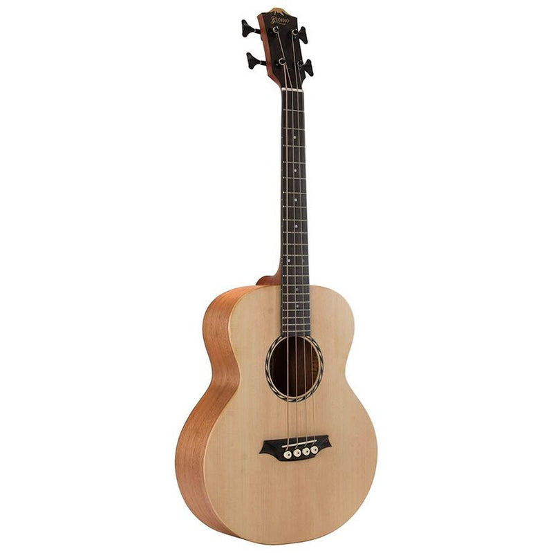 Bromo BAT8E mini jumbo bass guitar, solid spruce top, mahogany body, Fishman Sonitone, satin, padded bag