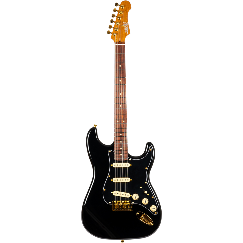 Jet Guitars JS-380 BK G S-'plus' stijl SSS Alnico V Goud HW Zwart, Rozenh. FB