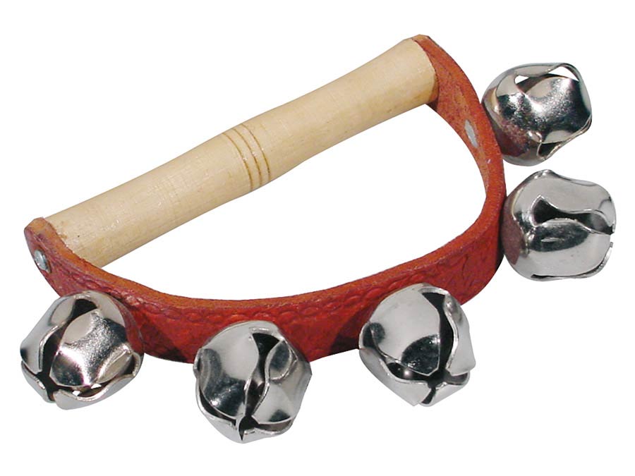 Hayman HB-35 bellenkrans, met handvat, 5 bellen van 25 mm, hout en leder