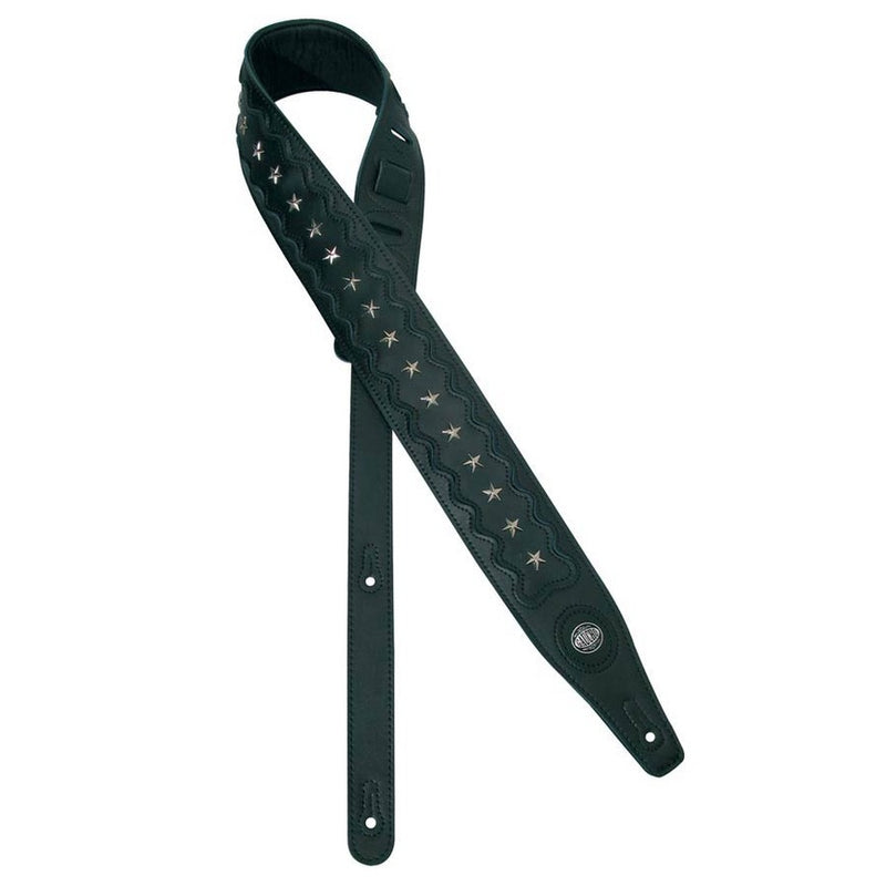 Gaucho GST-652-BK guitar strap, top quality leather, black, with chrome stars