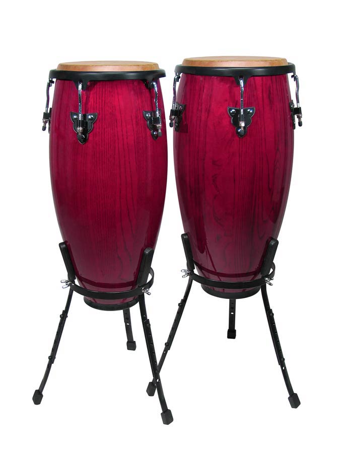 Hayman CNG-25-WR conga set, 10"+11", hardhout, wijnrood, met korf model standaard