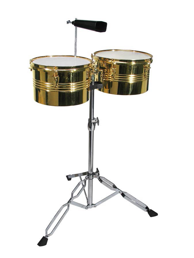 Hayman LTBR-1314 timbalen, 13"+ 14", staal, messing afwerking, met dubbelbenige standaard en koebel