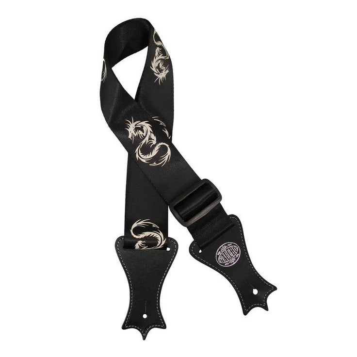 Gaucho GST-142-BK guitar strap, deluxe black nylon with faux leather slips, dragon print