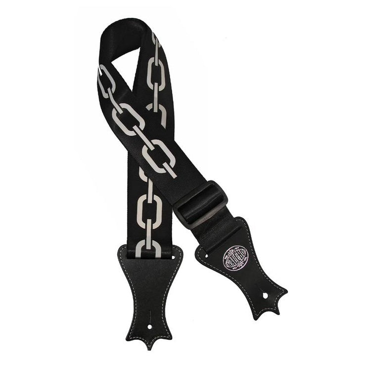 Gaucho GST-144-BK guitar strap, deluxe black nylon with faux leather slips, chains print