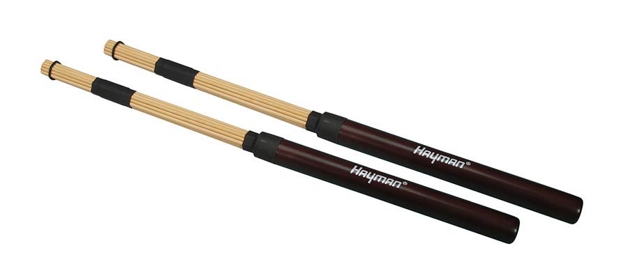 Hayman RS-19-BB drumrods, bamboe, bruin handvat, 19 staven, rubber ring, lengte 410 mm, diameter bol 15 mm.
