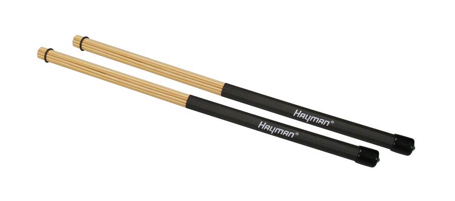 Hayman RS-12-BSCR drumrods, bamboe, zwart handvat, 12 staven, sterke kern, lengte 400 mm, diameter bol 15 mm.