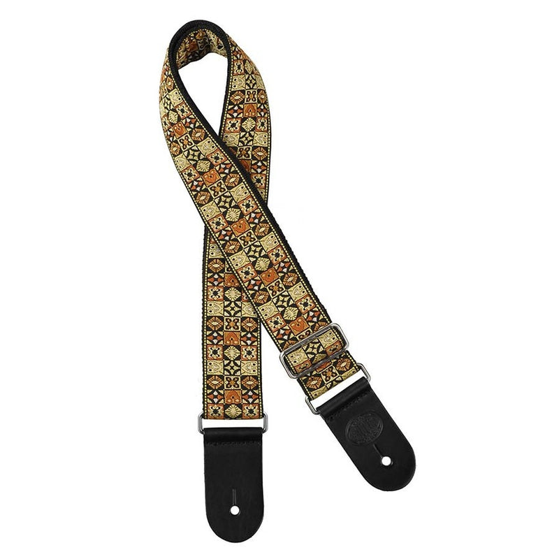 Gaucho GST-186-GD guitar strap, 2” jacquard weave, leather slips, gold mosaic