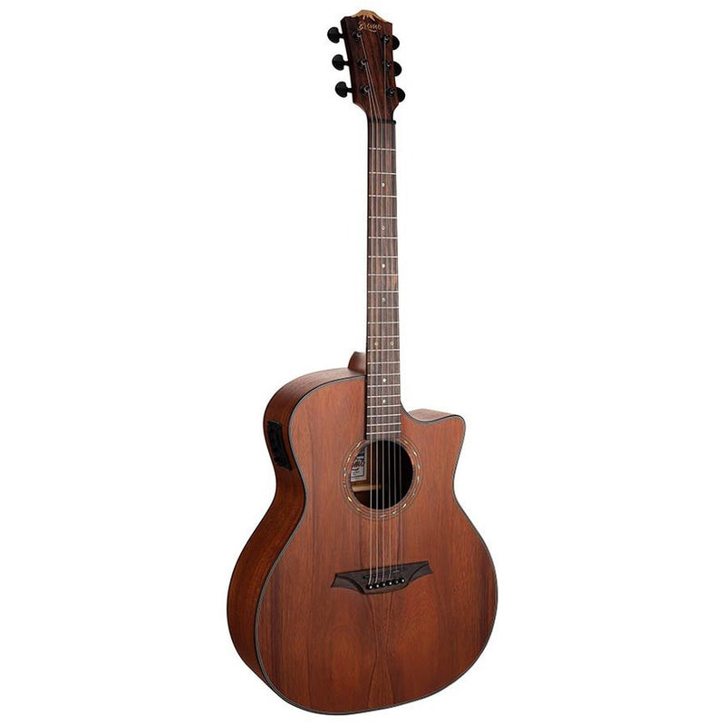 Bromo BAT2MCE grand auditorium guitar, solid mahogany top, mahogany body, cutaway, BZP1 preamp, satin
