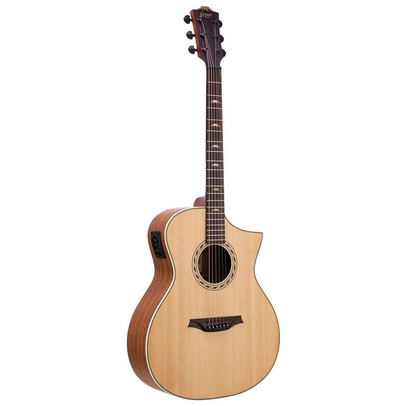 Bromo BAA4CE Hillside auditorium guitar, spruce top, mahogany body, cutaway, BZP1 preamp, satin