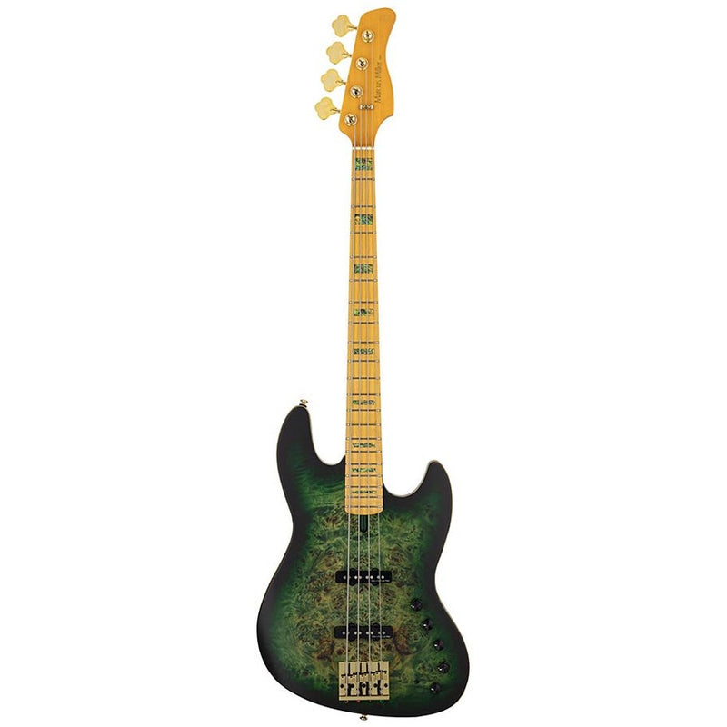 Sire V10 4/TGRS swamp ash + poplar burl 4-string active bass guitar, transparent green satin, incl. gigbag