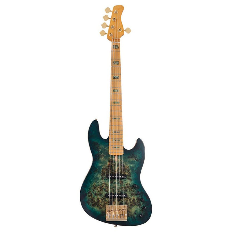 Sire V10 5/TGRS swamp ash + poplar burl 5-string active bass guitar, transparent green satin, incl. gigbag