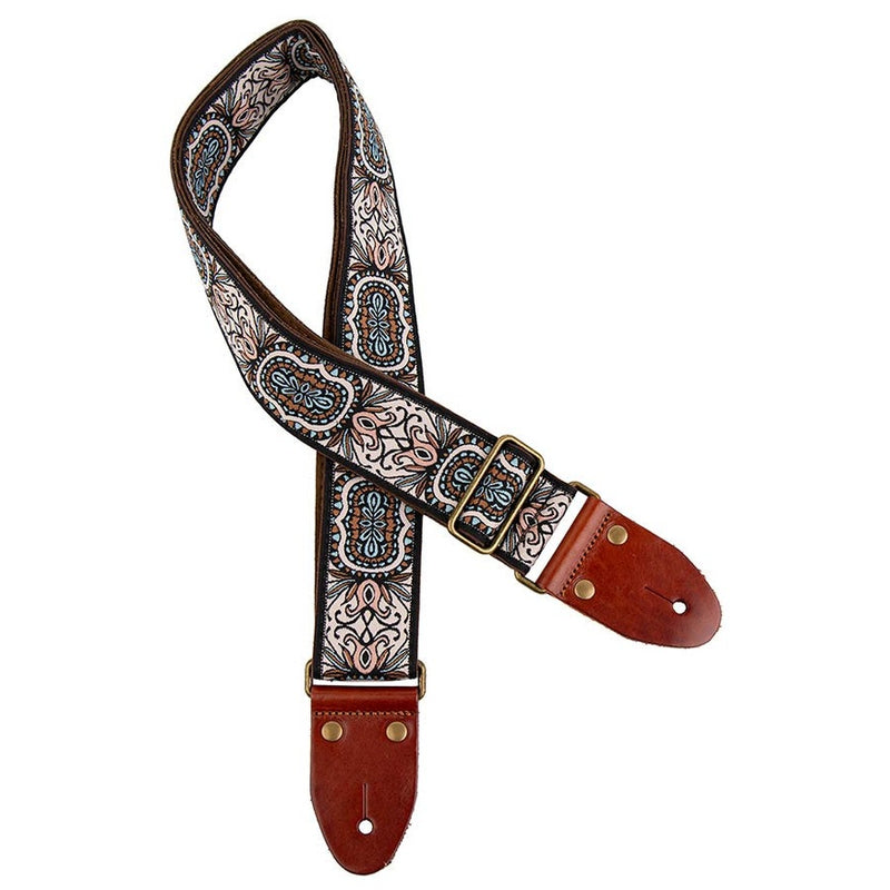 Gaucho GST-1281-1 guitar strap, 2" jacquard weave, leather slips with pins, brass buckle, suede backing, multi colors