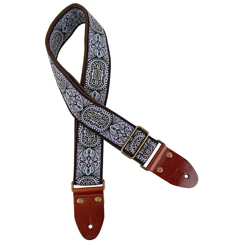 Gaucho GST-1281-4 guitar strap, 2" jacquard weave, leather slips with pins, brass buckle, suede backing, purple
