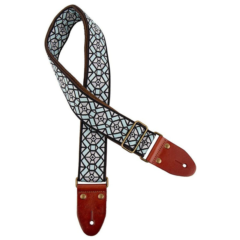 Gaucho GST-1282-1 guitar strap, 2" jacquard weave, leather slips with pins, brass buckle, suede backing, blue/gray
