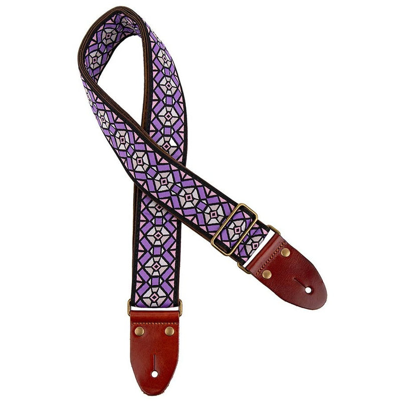 Gaucho GST-1282-4 guitar strap, 2" jacquard weave, leather slips with pins, brass buckle, suede backing, purple/pink