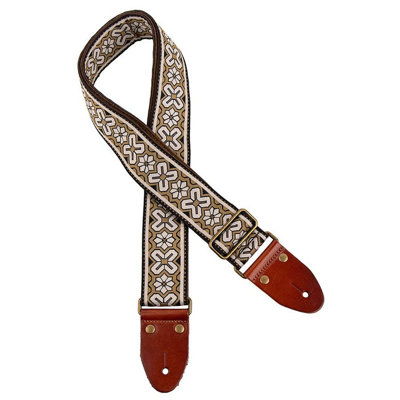 Gaucho GST-1283-1 guitar strap, 2" jacquard weave, leather slips with pins, brass buckle, suede backing, sand/white