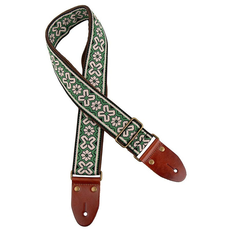Gaucho GST-1283-2 guitar strap, 2" jacquard weave, leather slips with pins, brass buckle, suede backing, green/white