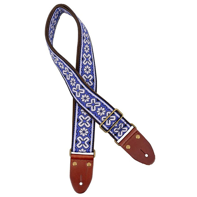Gaucho GST-1283-4 guitar strap, 2" jacquard weave, leather slips with pins, brass buckle, suede backing, purple/white