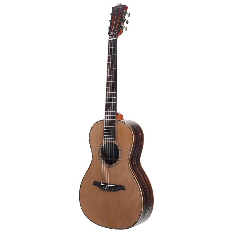 Bromo BAR6E all solid parlor guitar, red cedar top, amara ebony body, Fishman Sonitone, satin, heavy duty bag
