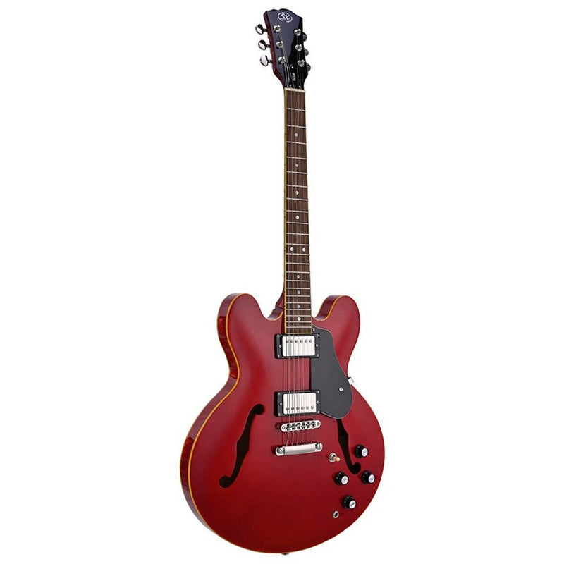 SX SEL6/TRD archtop guitar with maple body and dot inlay, transparent red