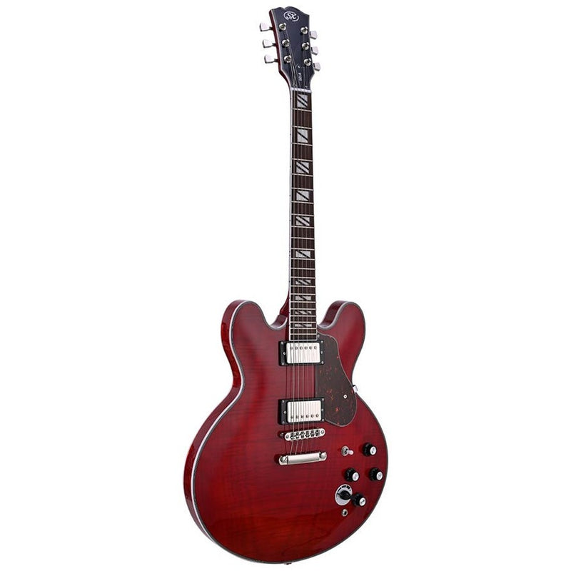 SX SEL6CTRD archtop guitar with flamed okoume body and split block inlay, transparent red