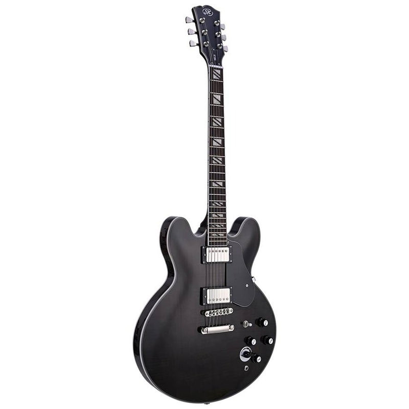 SX SEL6CTBK archtop guitar with flamed okoume body and split block inlay, transparent black