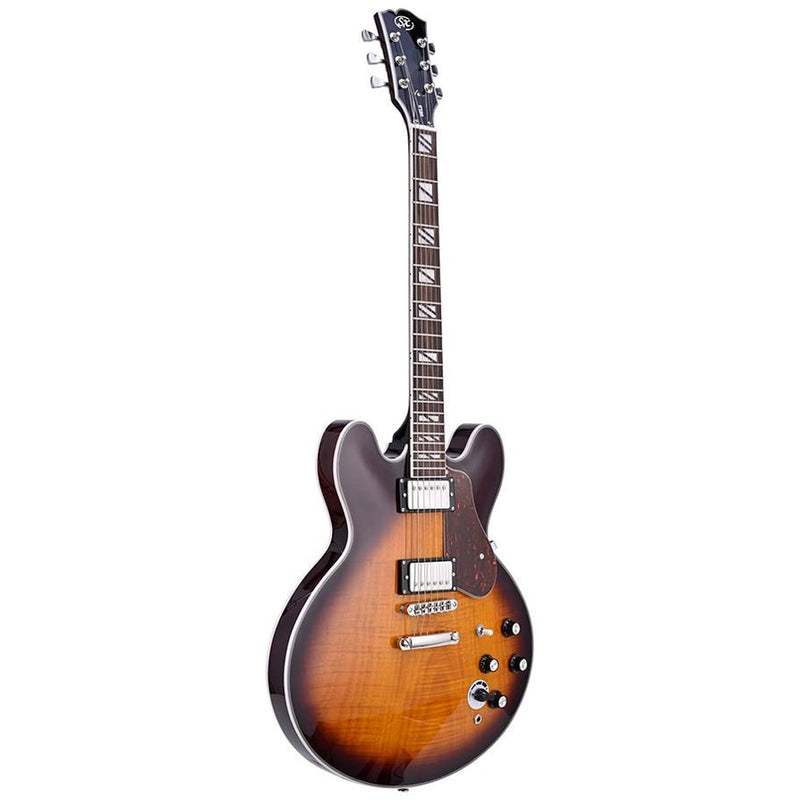 SX SEL6CDS archtop guitar with flamed okoume body and split block inlay, dark sunburst