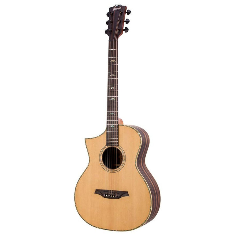 Bromo BAR5CEL all solid lefthanded concert guitar, spruce top, amara ebony body, Fishman Sonitone, heavy duty bag