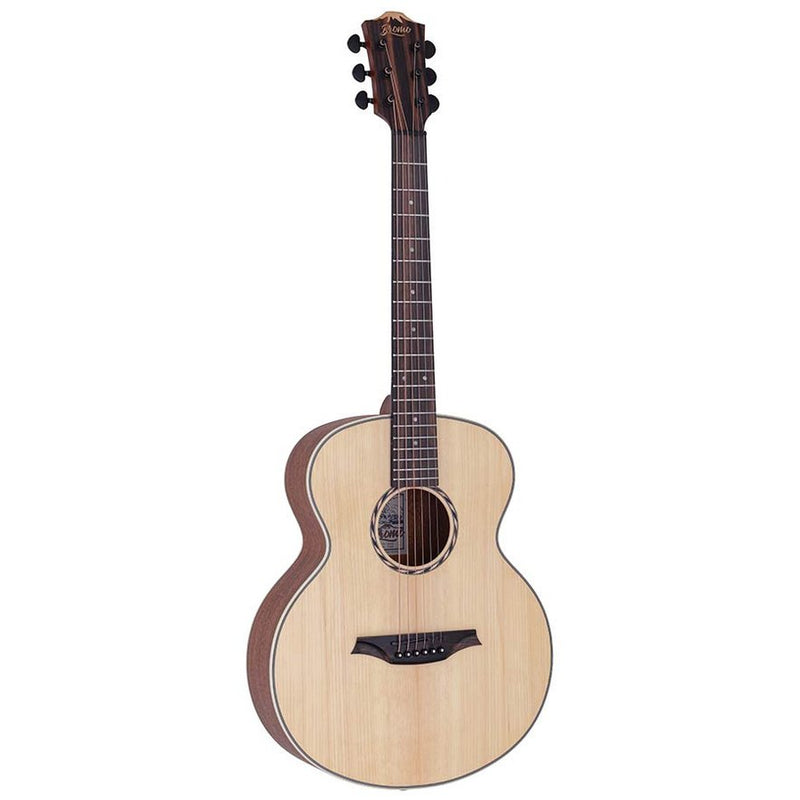 Bromo BAA8S mini jumbo acoustic guitar, solid spruce top, mahogany body, satin, padded bag