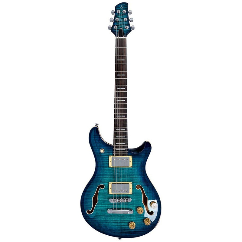 Sire Q7H/TBL mahogany chambered + maple top + flame veneer electric guitar, transparant blue