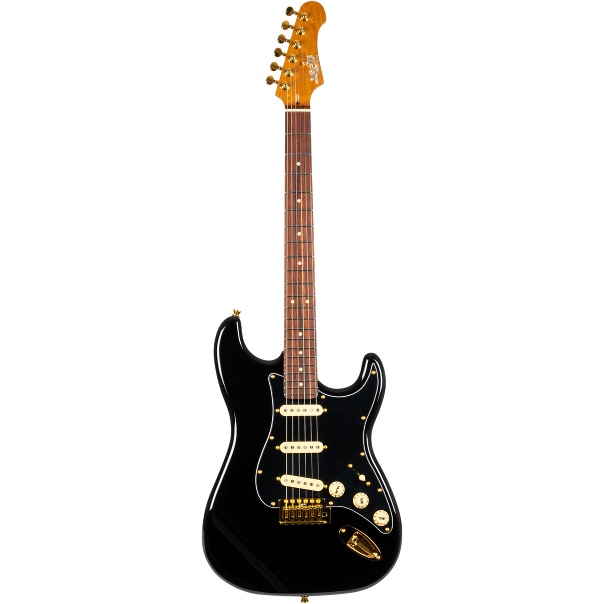 Jet Guitars JS-380 BK G S-'plus' stijl SSS Alnico V Goud HW Zwart, Rozenh. FB westerhaven-muziek