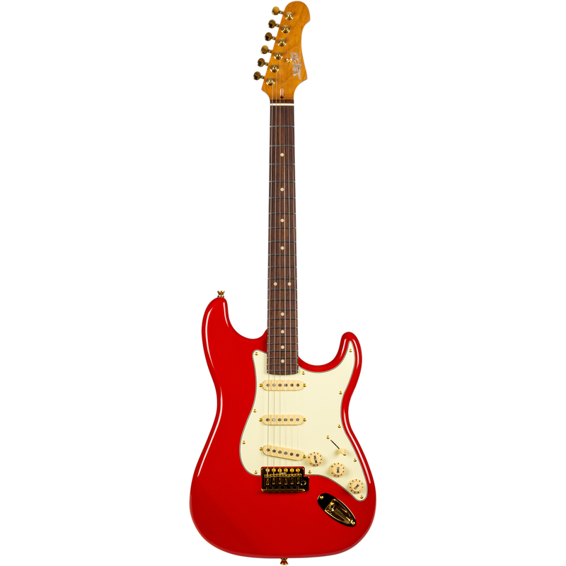 Jet Guitars JS-380 RD G S-'plus' stijl SSS Alnico V Goud HW Rood/ Rozew. FB