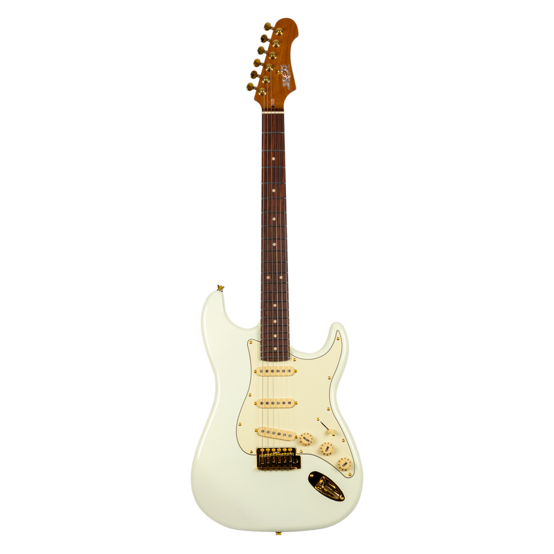 Jet Guitars JS-380 OW G S-'plus' stijl SSS Alnico V Goud HW Wit, Rozenw. FB