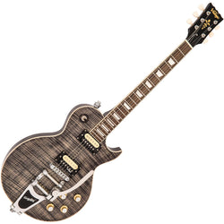 Vintage V100 Guitar - Black Flamed Maple w/ Bigsby